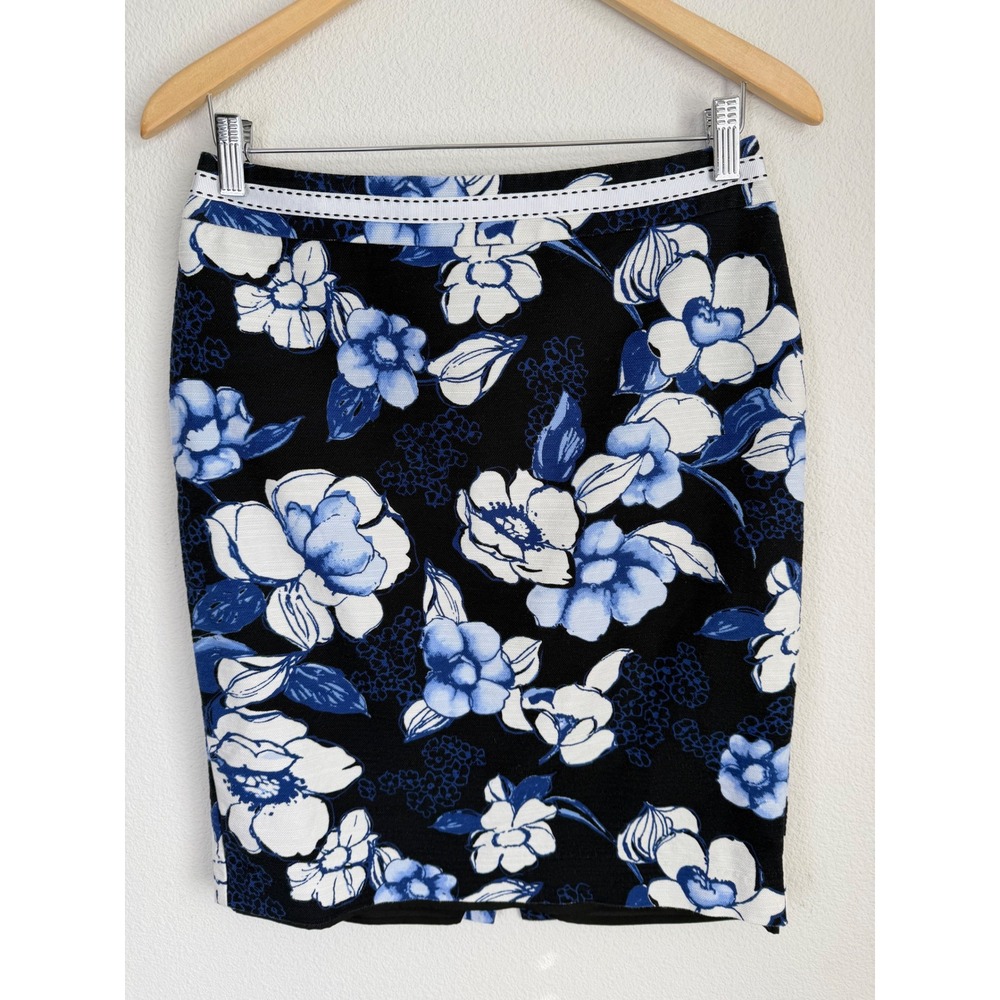 Talbots Women Cotton Pencil Skirt 6 Blue White Floral Knee Length Old Money